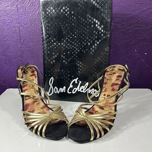 Sam Edelman Gold Black Strappy Leopard Print Stiletto‎ Heels Ankle Strap Sandals